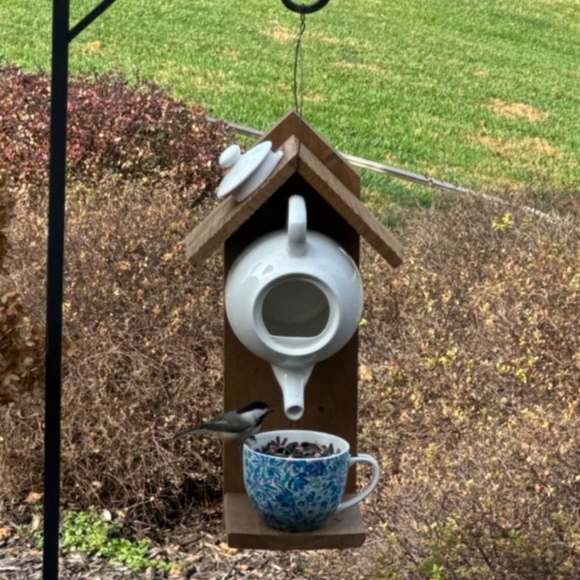 Rustic Wooden Teapot and Cup Handmade Bird Feeder Ladies Tea Time - Picture 11 of 16